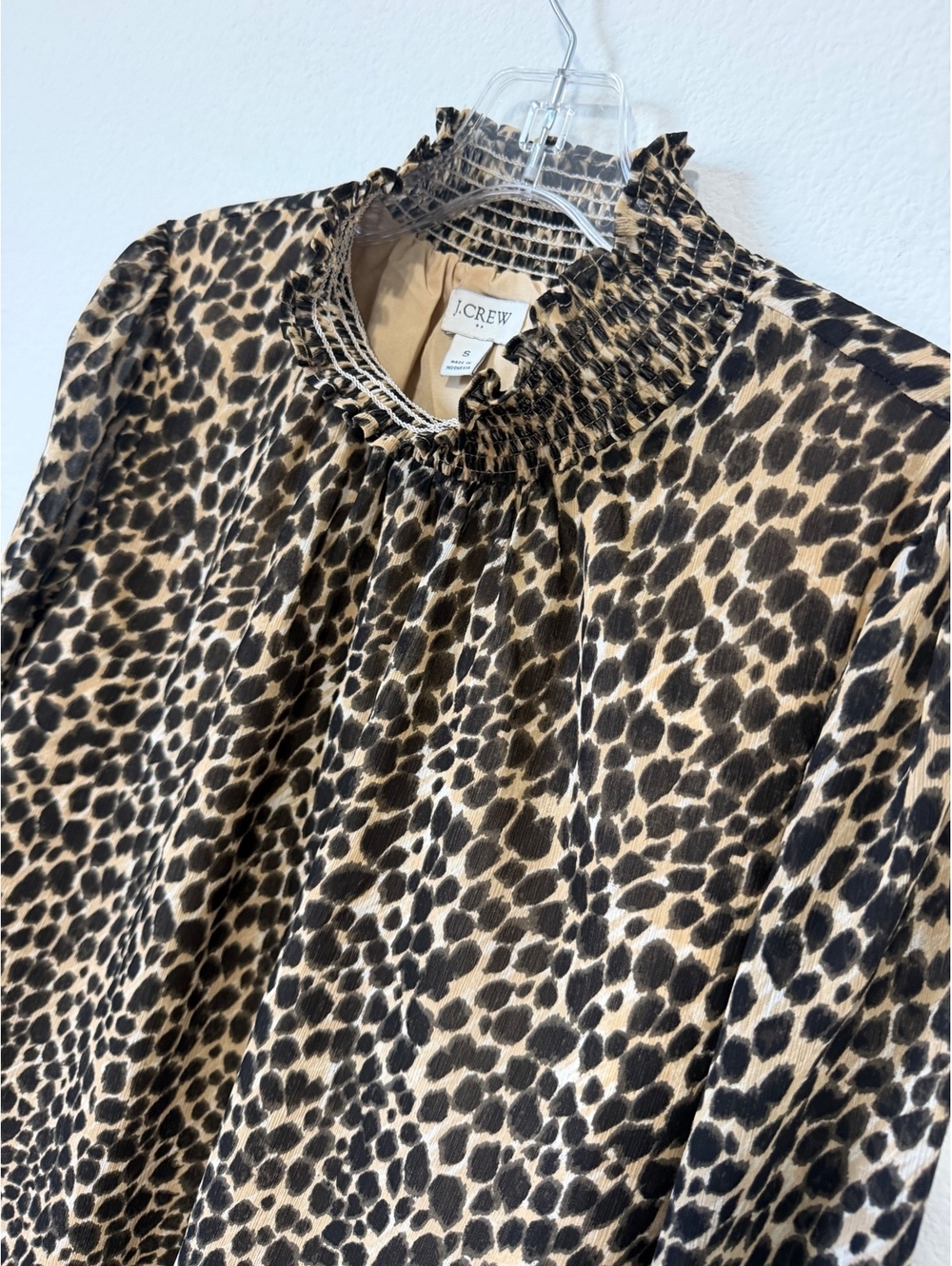 J. Crew Long Sleeve Smocked Neck Animal Print Chiffon Blouse Women's Size S - Picture 3 of 6